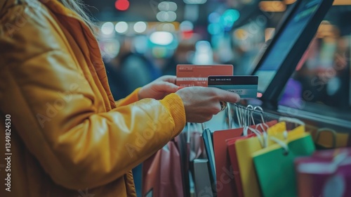 Woman paying with credit cards at night market, shopping bags