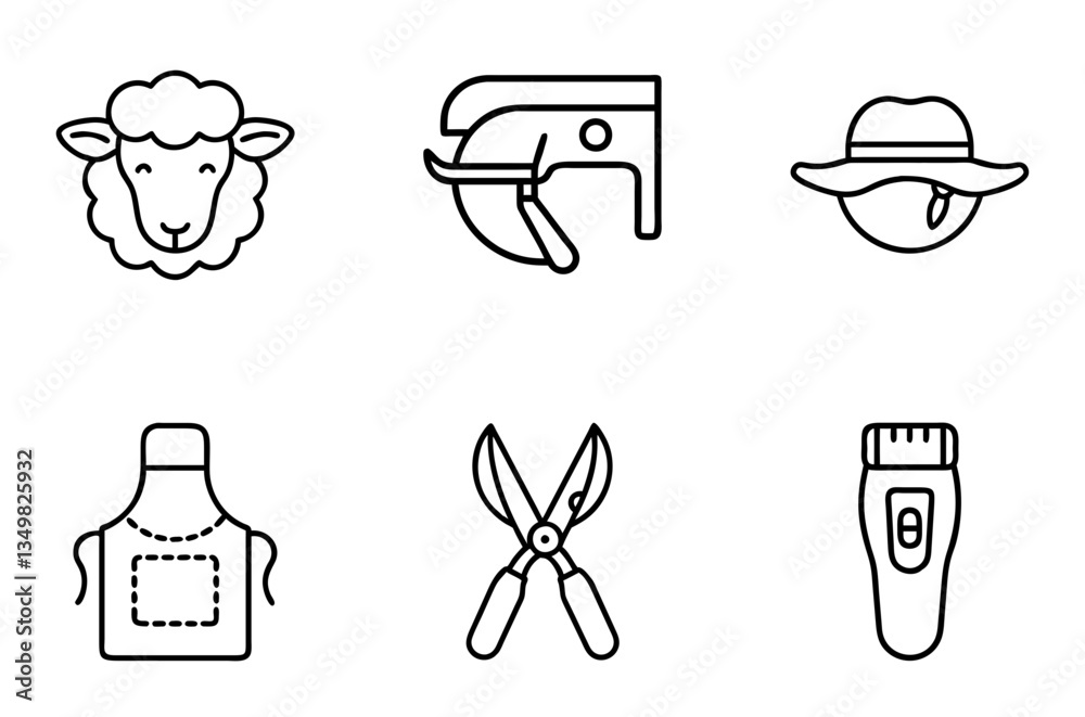 Sheep shearing tools and equipment in minimalist line art  