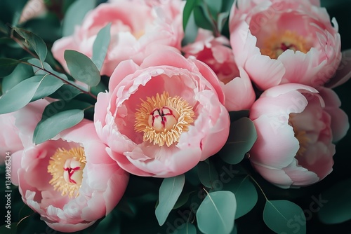 Beautiful Peonies in Soft Pink Bloom With Lush Green Leaves in a Serene Garde...