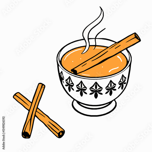 black outline vector of a steaming bowl of Indian chai with a cinnamon stick