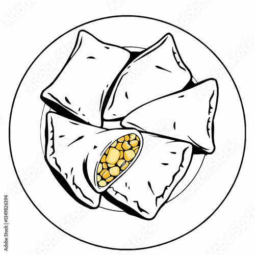 black outline vector of a plate of samosas with one cut open showing spiced potato filling