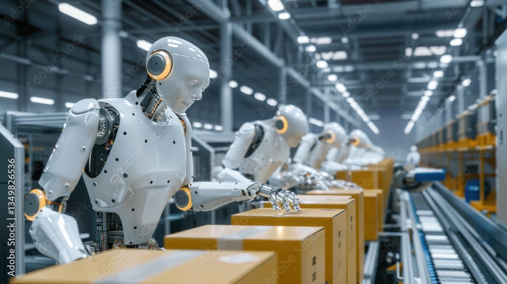 Naklejka premium A factory with robots working on a conveyor belt