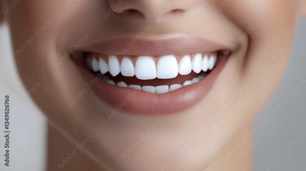 Fototapeta premium Woman's bright smile, close-up, studio, gray background, dental