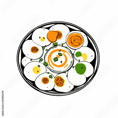 black outline vector of a plate of dahi puri filled with curd and chutneys