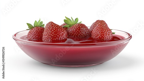 Fresh Strawberries in Red Jelly, Glass Bowl, Studio White Background