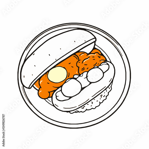 black outline vector of a pav bhaji plate with buttered pav buns and spicy mashed curry