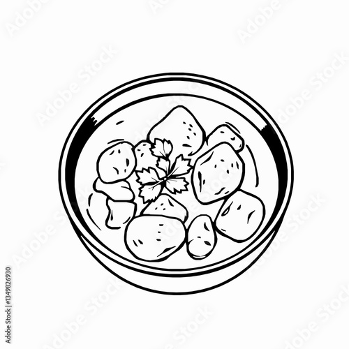 black outline vector of a bowl of Indian butter chicken with chunks of chicken and a creamy tomato-based curry