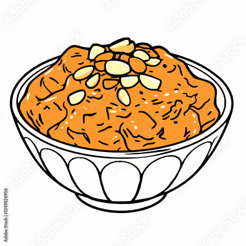 black outline vector of a bowl of gajar ka halwa with chopped almonds and cashews