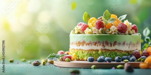 Colorful fruit and cream cake displayed on a wooden board outdoors in a sunlit garden