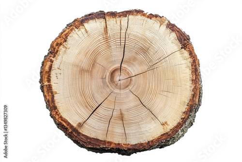 A cross section of a tree trunk showing growth rings and cracks on a white background surface view