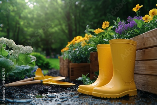Vibrant Garden in Spring Showcasing Colorful Flowers and Gardening Tools Duri...