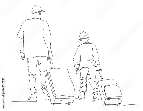 Man and child boy walking away and pulling suitcases. Travel. Rear view. Continuous line drawing. Black and white vector illustration in line art style.