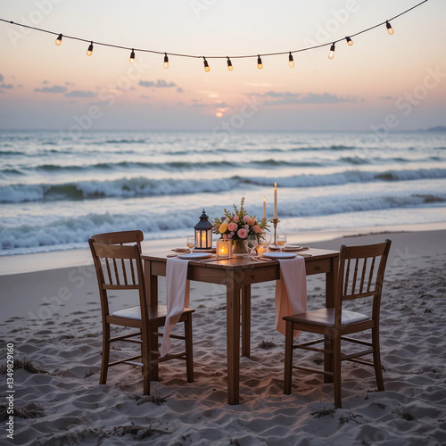 Wedding table setting on the beach at sunset. Wedding decor