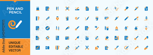 Pen And Pencil colorful icon collection. Includes symbols for pencil, write, paintbrush and more. Web icons pack. Artistic vector icon set. Vector illustration in modern solid style.