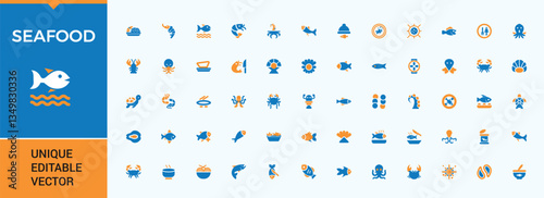 Seafood colorful related icon set. It contains symbols to cooking, grilled, food, sea,  soup and more. Simple solid vector icons. Fish icon set in filled style. Editable vector art and illustration.