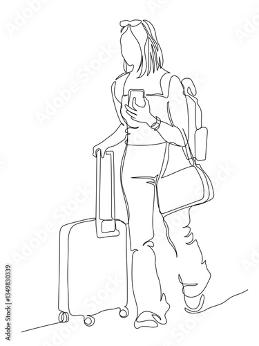 Woman with suitcase backpack glasses on head walking and holding phone. Travel. Side view. Continuous line drawing. Black and white vector in line art style.