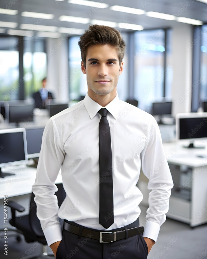 Confident Young Man in Office Wearing White Shirt and Black Tie. Young Man Standing in Office. Business Professional. Confident Young Man in Office Wearing White Shirt and Black Tie. Young Man Standing in Office. Business Professional.