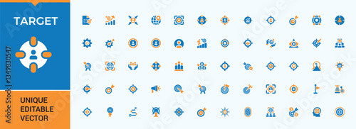 Set of Target colorful solid icon. Related to goal, achieve, achievement, arrow, success and more. Icons for UI designs. Strategy solid icon set. Editable stroke vector art.