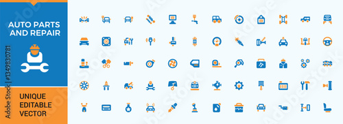 Set of Auto Parts colorful solid icon. It contains symbols to repair, element, automobile, spare, engine, service and more. Sign and Symbol. Repair icon set. Editable stroke collections.