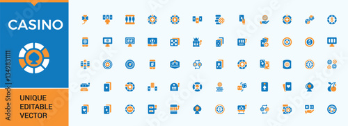 Casino colorful icon set. Includes flat solid symbols gamble, poker, ace, gambling, bet and more. Modern filled icons. Gambling icon collection. Pixel perfect. Editable vector.