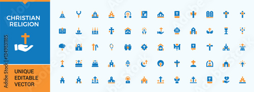 Christian Religion colorful icon collection. Contains filled symbols like pray, church, christianity, god, faith, spirit, ritual and more. Filled icons pack. Catholic related icon set.