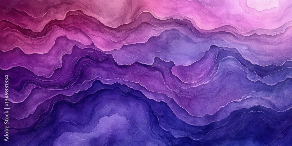Abstract watercolor art depicting flowing waves in shades of purple and pink at sunset