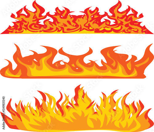 Burning Fire Flames Set, Bright Orange and Yellow Flames.
