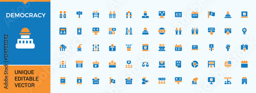 Democracy colorful icon pack. It contains symbols to politics, referendum, people, vote, polling, government, poll and more. Icons for UI designs. Election filled icon collection. Pixel perfect.