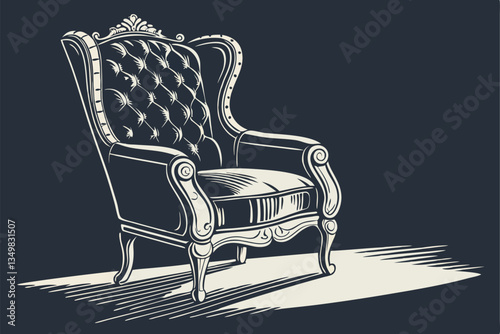 44 Ornate Victorian armchair, black leather, tufted backrest, carved wooden frame, baroque style, luxurious, gothic elegance, high-contrast lighting, studio photography, intricate details, antique fur