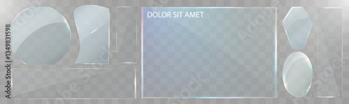 Transparent glass shapes set with glossy reflection, abstract geometric elements for modern design, UI, and decoration.