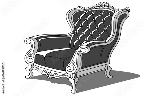 44 Ornate Victorian armchair, black leather, tufted backrest, carved wooden frame, baroque style, luxurious, gothic elegance, high-contrast lighting, studio photography, intricate details, antique fur