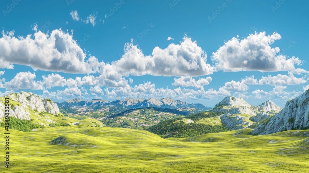 Obraz premium Sunny mountain valley landscape with rolling hills and puffy clouds