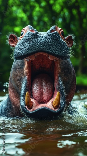 Hippopotamus opening its mouth in a river surrounded by lush greenery during daylight