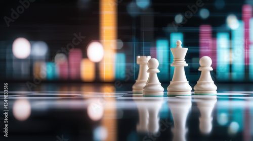 Wallpaper Mural close up view of elegant white chess pieces positioned on reflective board, with blurred background featuring colorful graphs and data, creating strategic and modern atmosphere Torontodigital.ca