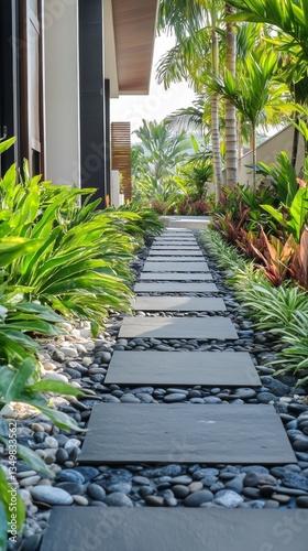 Serene Garden Pathway Lined With Stones and Lush Green Plants in a Tranquil O...