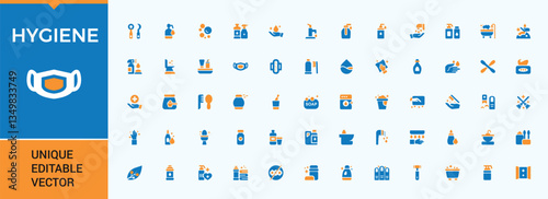 Hygiene colorful icon set. Contain filled sign disinfect, protect, anti, medical, protection, care and more. Icons for website. Bath icon set. Pixel Perfect.