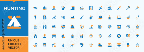 Hunting colorful icon set. Contain filled symbols adventure, outdoor, tourism, hunter, camp, hunt and more. Sign and Symbol. Hunt icon set. Signs for web and mobile app.