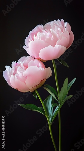 Peonies Bloom Softly With Delicate Pink Petals Against a Dark Background in S...