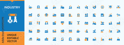Industry colorful solid icon set. Related to engineer, manufacture, industrial, engine and more. Perfect for logos and infographic. Construction filled icon collection. Pixel perfect.