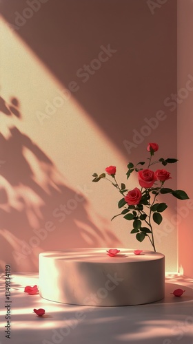 Elegant Display of Pink Roses on a Marble Pedestal in Soft Lighting