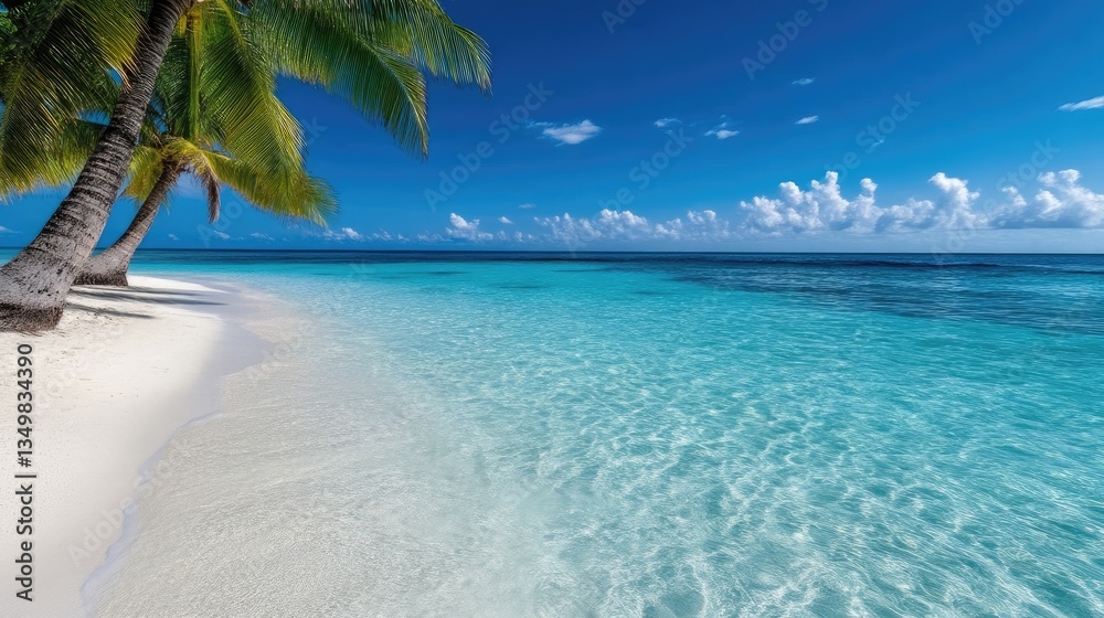 Fototapeta premium Pristine beach with turquoise water and palm trees under a vibrant blue sky