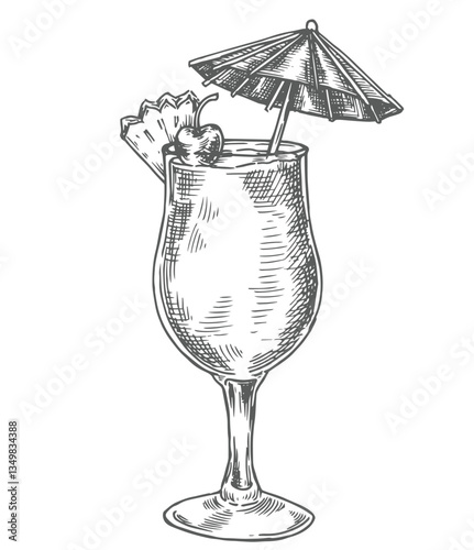 pina colada cocktail, vector illustration in sketch style.