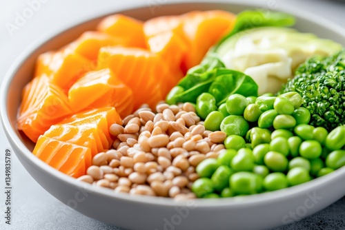 Fresh, vibrant ingredients in a bowl, featuring salmon cubes, green vegetables, and seeds, ideal for healthy eating recipes, nutrition blogs, and meal prep ideas,