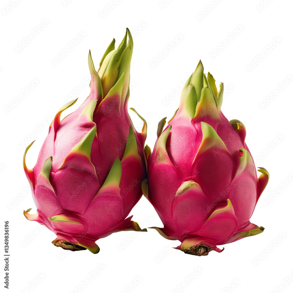 Fototapeta premium Exotic Dragon Fruits: Two vibrant dragon fruits showcased, the image focuses on their distinctive pink skin, green scales and intriguing form.