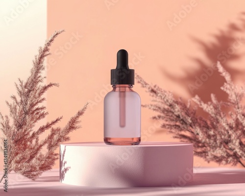 Serum Elegance: A captivating shot of a serum bottle, gracefully displayed against a backdrop that complements its aesthetic. The composition blends minimalistic design with the product's features. 