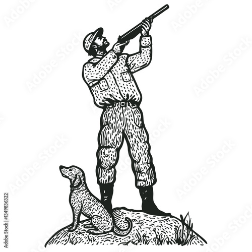 Vector line art illustration of a hunter aiming with a rifle while standing on rocky terrain with a hunting dog sitting beside him, rendered in detailed black and white engraving style.