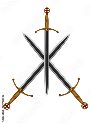 Sword vector illustration icon. Crossed swords military or heraldry symbol. Protection and security sign. Medieval or knight weapon. Fantasy longsword fencing logo. Clip-art silhouette.