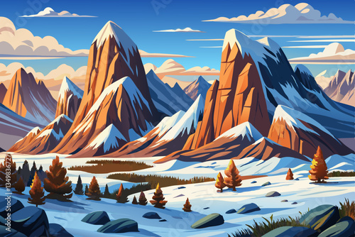 winter landscape with snowy mountains with rocks and snow cartoon background