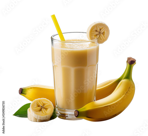 Banana Bliss: A refreshing banana smoothie is presented in a glass, garnished with a banana slice and accompanied by fresh bananas, a healthy and tasty beverage.