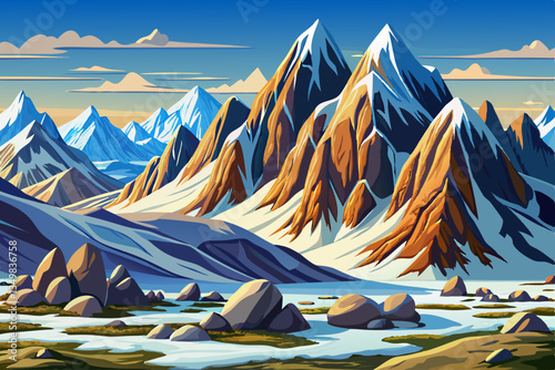 winter landscape with snowy mountains with rocks and snow cartoon background